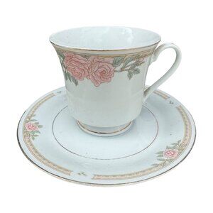 Lynns Fine China Pink Rose Teacup & Saucer Set Vintage Floral Design Porcelain